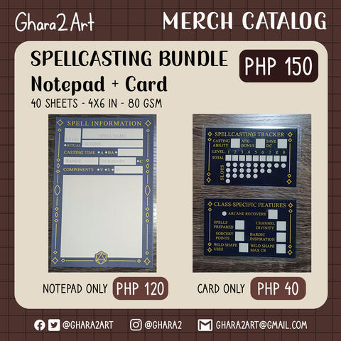 Spellcasting bundle: a Spell Info Notepad & Spellcasting Card, for PHP 150. Spellcasting Card only is PHP 40. The notepad is 4x6 inches with 80 GSM sheets. It has 40 sheets. For the card, you can use a dry erase marker on it.